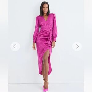 NWT Veronica Beard Weiss Silk Blend Jacquard Side Ruffle Long Sleeve Midi Dress‎